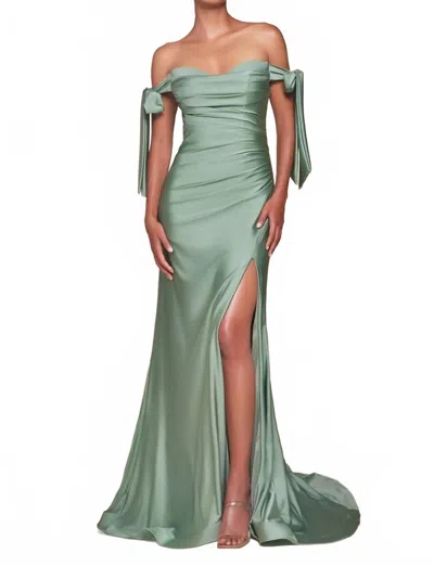 Ladivine High-slit Jersey Evening Modest Prom Dress In Dark Sage In Green