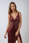 Ladivine J2392 Long Formal Fitted Sequin Prom Dress In Burgundy