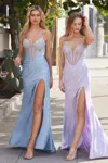 Ladivine J4304 Fitted Long Formal Glitter Corset Prom Gown In Blue