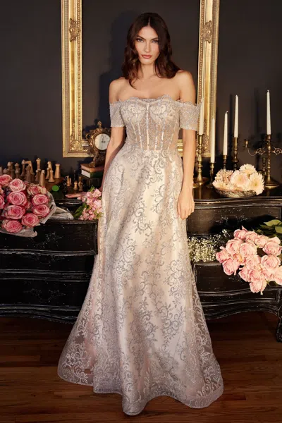 Ladivine J835 Long Off Shoulder Prom Dress In Silver