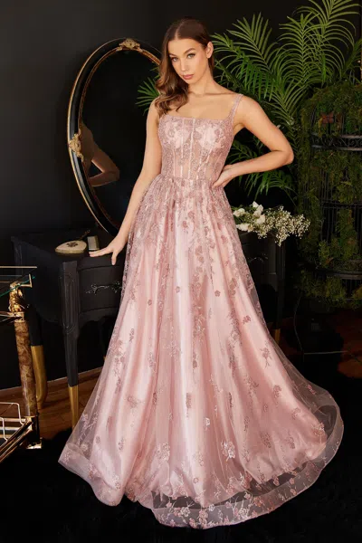 Ladivine J840 Ball Gown Long Formal Glitter Print Prom Dress In Pink