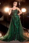 Ladivine J858 Long Formal Glitter Overskirt Prom Gown In Green