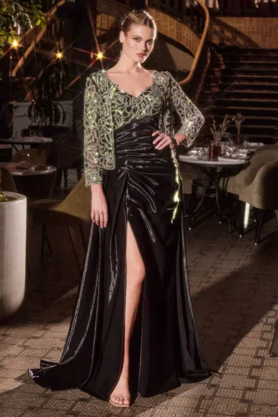 Ladivine J882 A Line Long Formal Slit Bolero Prom Dress In Black