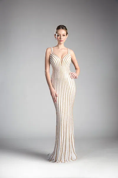 Ladivine Kc19017 Fitted Formal Long Beaded Prom Dress In Silver