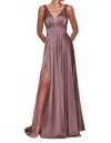 Ladivine Long Satin A-line Dress With Slit In Dark Mauve In Pink