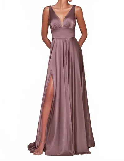 Ladivine Long Satin A-line Dress With Slit In Dark Mauve In Pink