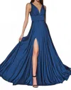 Ladivine Long Satin A-line Dress With Slit In Navy In Blue