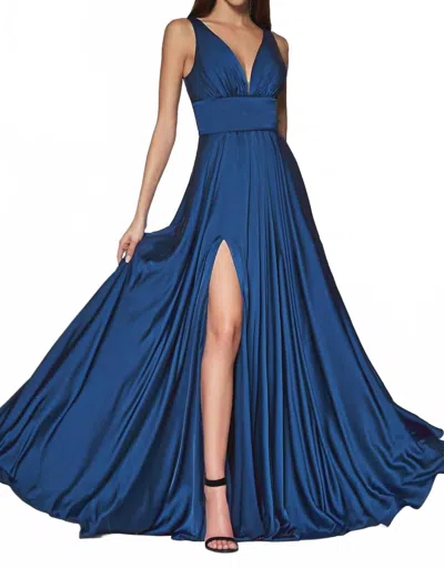 Ladivine Long Satin A-line Dress With Slit In Navy In Blue