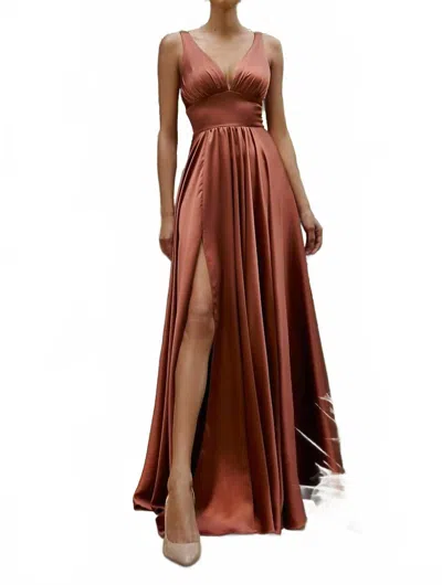 Ladivine Long Satin A-line Dress With Slit In Sienna In Burgundy