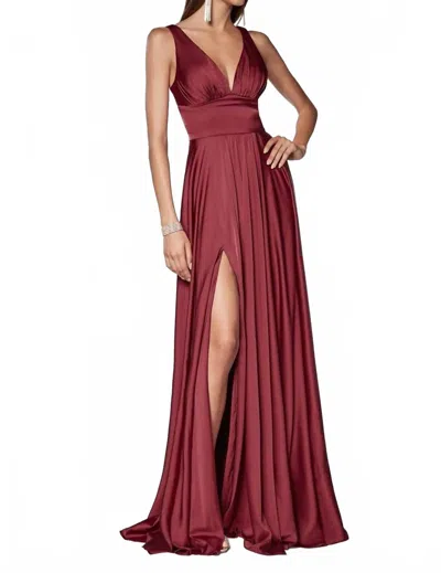 Ladivine Long Satin A-line Dress With Slit In Burgundy