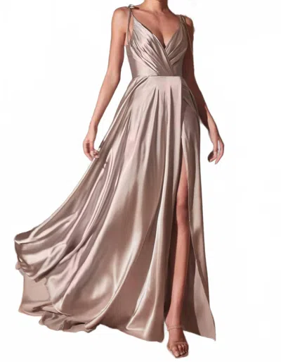 Ladivine Long Satin V-neck Dress In Sand In Brown