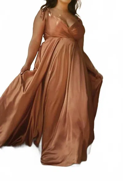Ladivine Long Satin V-neck Dress In Sienna In Brown