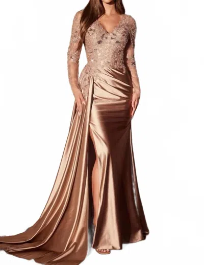 Ladivine Long Sleeve Side Streamer Satin Dress In Mocha/gold In Pink