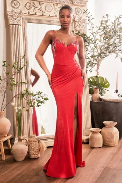 Ladivine Oc021 Long Formal Prom Fitted Evening Dress In Red
