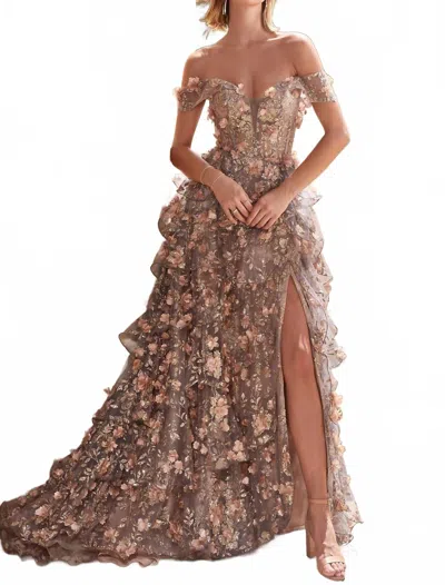 Ladivine Off Shoulder Glitter Floral Prom Dress In Gold Mist In Brown