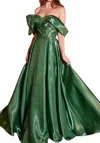 Ladivine Off Shoulder Pleated Prom Gown In Emerald