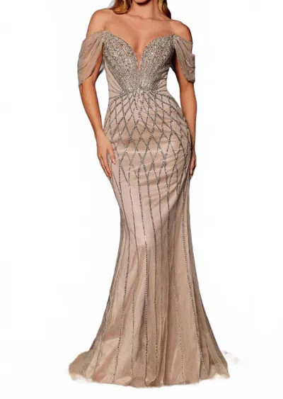 Ladivine Off-shoulder Glitter Prom Gown In Silver In Nude