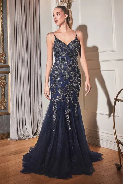 Ladivine S438 Long Formal Beaded Mermaid Cape Dress In Blue