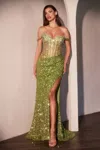 Ladivine S534 Prom Fitted Long Corset Sequin Formal Dress In Green
