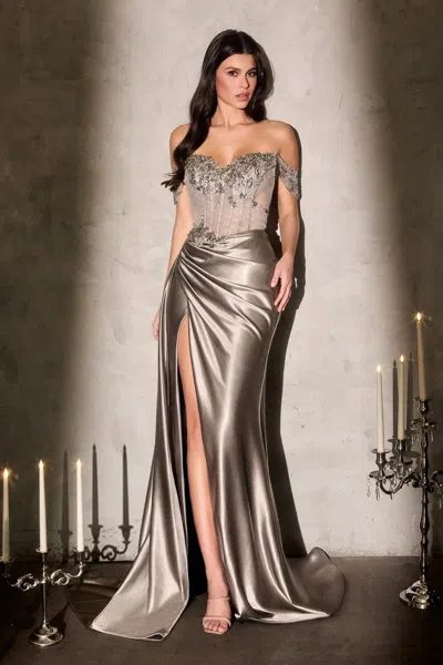 Ladivine S554 Fitted Long Formal Beaded Corset Prom Dress In Neutral