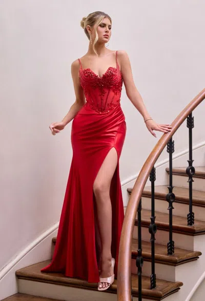 Ladivine S559 Corset Formal Long Fitted Beaded Prom Dress In Red