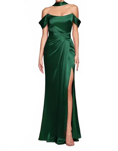 Ladivine Satin Fitted Off Shoulder Slit Gown In Emerald In Green