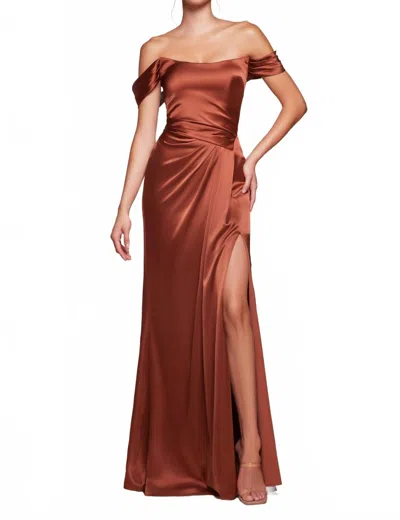 Ladivine Satin Fitted Off Shoulder Slit Gown In Sienna In Gold