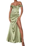 Ladivine Satin Off The Shoulder Corset Dress In Sage In Gray