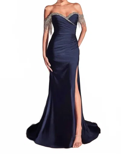 Ladivine Stretch Satin Off The Shoulder Dress In Navy In Blue