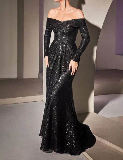 Ladivine Sequin Off The Shoulder Long Sleeve Evening Gown In Black