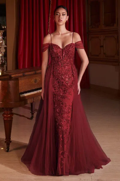 Ladivine Sf009 Fitted Long Formal Sequin Overskirt Prom Gown In Burgundy
