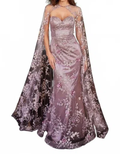 Ladivine Strapless Fitted Gown With Lace Cape In English Violet In Pink