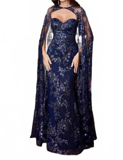 Ladivine Strapless Fitted Gown With Lace Cape In Navy In Multi