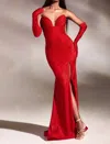 Ladivine Strapless Glitter Stretch Evening Gown With Gloves In Red