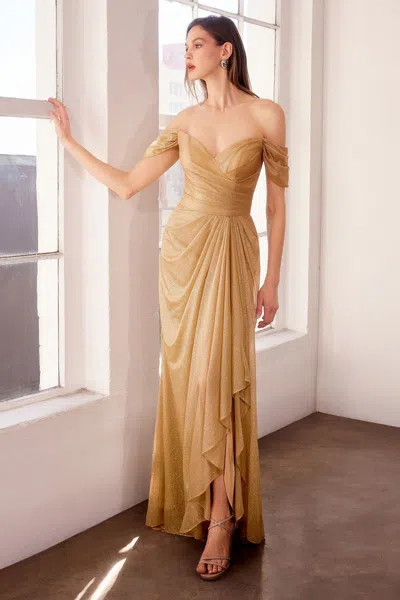 Ladivine T604 Glitter Long Prom Formal Ruffle Dress In Gold
