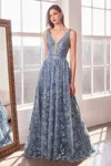 Ladivine T606 A Line Long Formal Glitter Print Prom Gown In Blue