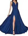 Ladivine Long Satin A-line Dress With Slit In Navy In Blue