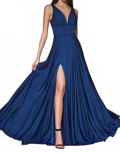 LADIVINE V-NECK SLIT SKIRT DRES IN NAVY