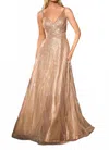 Ladivine V-neck Thin Straps Gathered Bodice A-line Gown In Mocha Gold In Brown