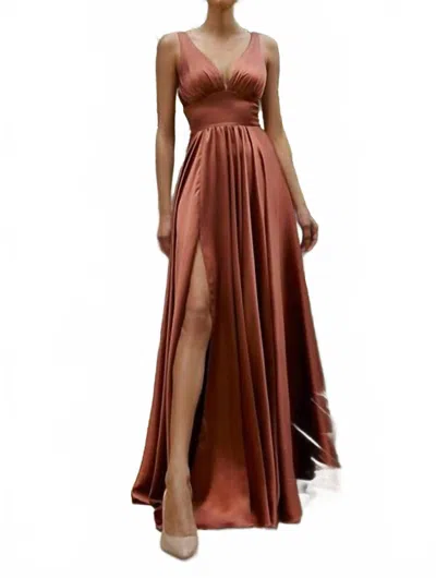 Ladivine Long Satin A-line Dress With Slit In Sienna In Brown