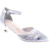 Lady Couture Women's Closed Toe, Closed Back, Open Sides Instep Strap Embroidered Short Heel Pumps In Silver