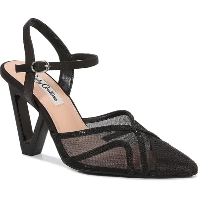 Lady Couture Mesh Satin Rhinestone  Ankle Strap Metallic Heel Pump