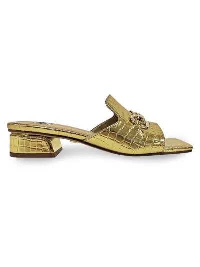 Lady Couture Women's Expo Croc Embossed Block Sandals In Gold