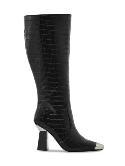 Lady Couture Women's Jada Croc-embossed Cap Toe Tall Boots In Black
