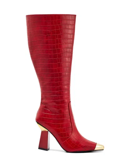 Lady Couture Women's Jada Croc-embossed Cap Toe Tall Boots In Red