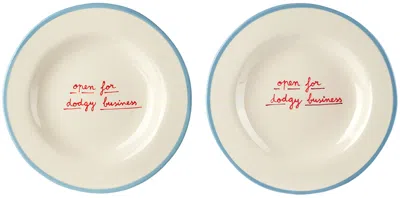 Laetitia Rouget Blue & White 'open For Dodgy Business' Dessert Plate Set In Lt Blue
