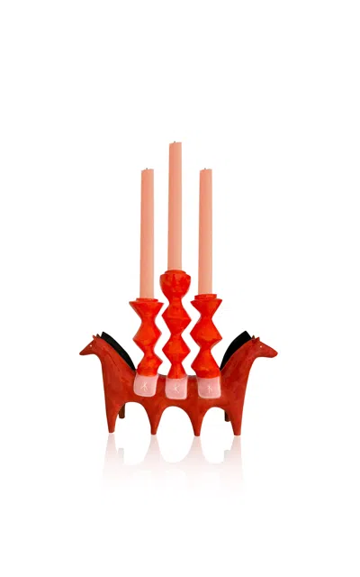 Laetitia Rouget - Riding Twins 3 Armed Candleholder - Multi In Red