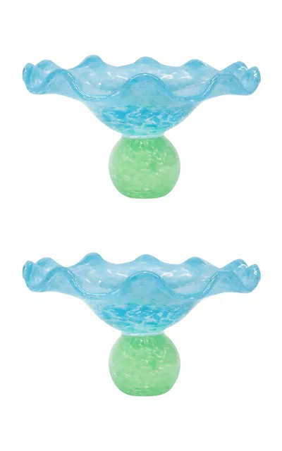 Laetitia Rouget - Set Of 2 Ana Glass Soucoupe  Green And Turquoise - Multi In Blue