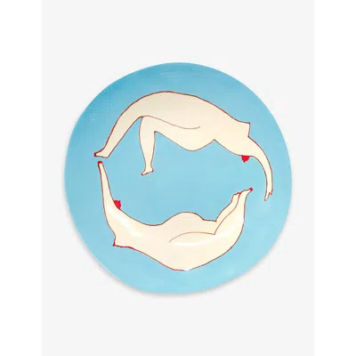 Laetitia Rouget Swimmers Hand-painted Stoneware Fruit Platter 36cm In Blue