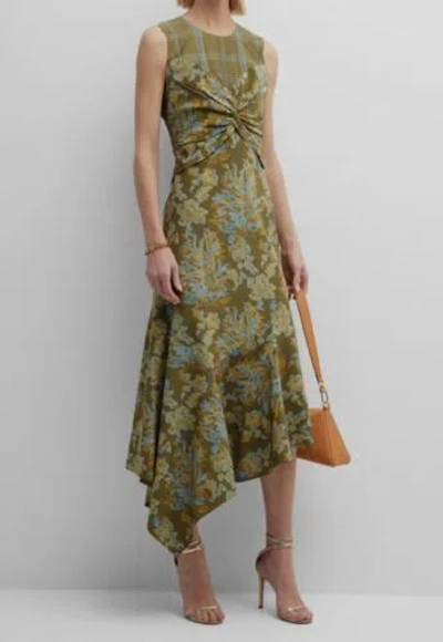 Pre-owned Lafayette 148 $1698  York Women's Green Twist Silk Asymmetric Hem Dress Sz 12